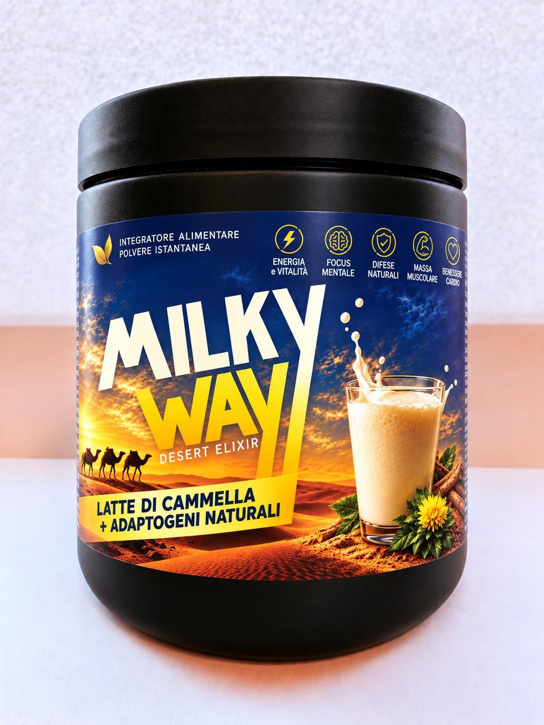Barattolo di Milky Way Desert Elixir, integratore alimentare in polvere a base di latte di cammella